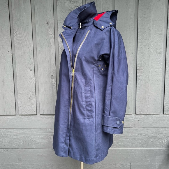 J Crew Belvedere Rain Coat Swing Trench Jacket Navy & Red Hooded - Picture 2 of 16